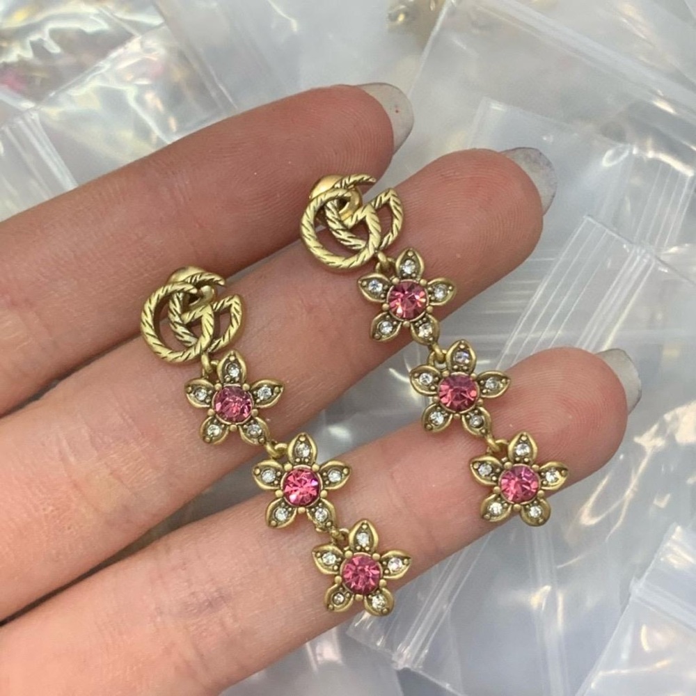 Gold and Pink Floral Drop Earrings